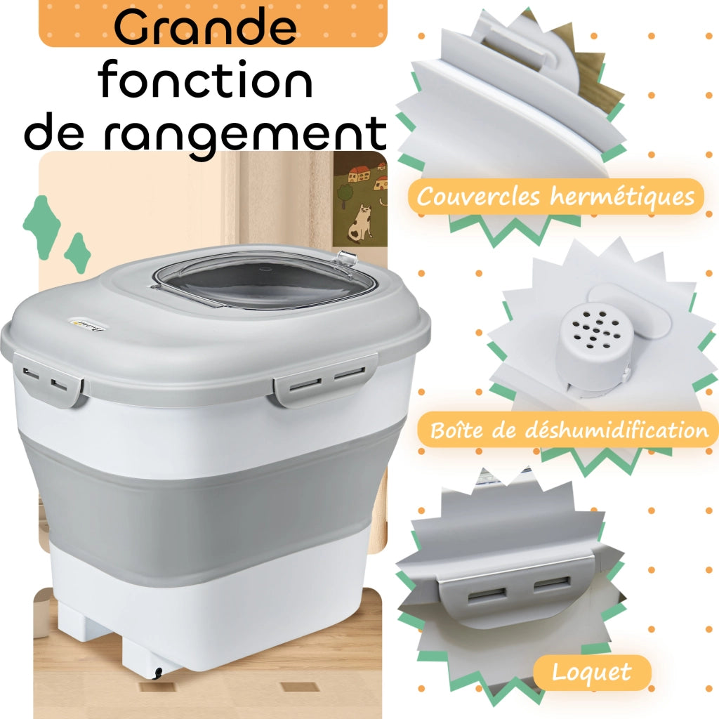 Contenitore per Crocchette Cani Pieghevole ¨C Xylo ¨C 25L Ermetico con Ruote Grigio 44x32x37cm
