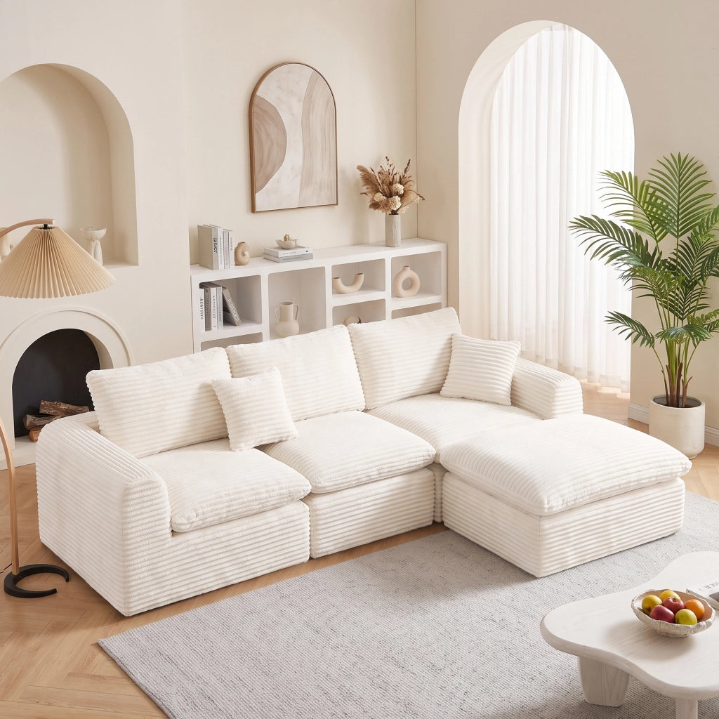 Divano modulare 3 pezzi configurabile con seduta profonda e schienali morbidi in velluto a coste beige per salotto