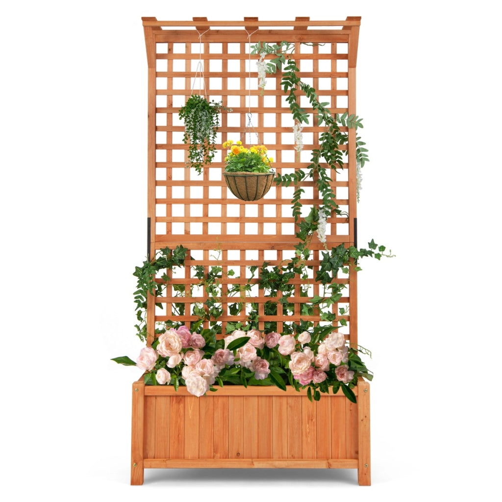 Fioriera in legno da interno esterno con fori di scarico per piante rampicanti viti fiori-Fioriera da esterno con grigliato e tettuccio Naturale