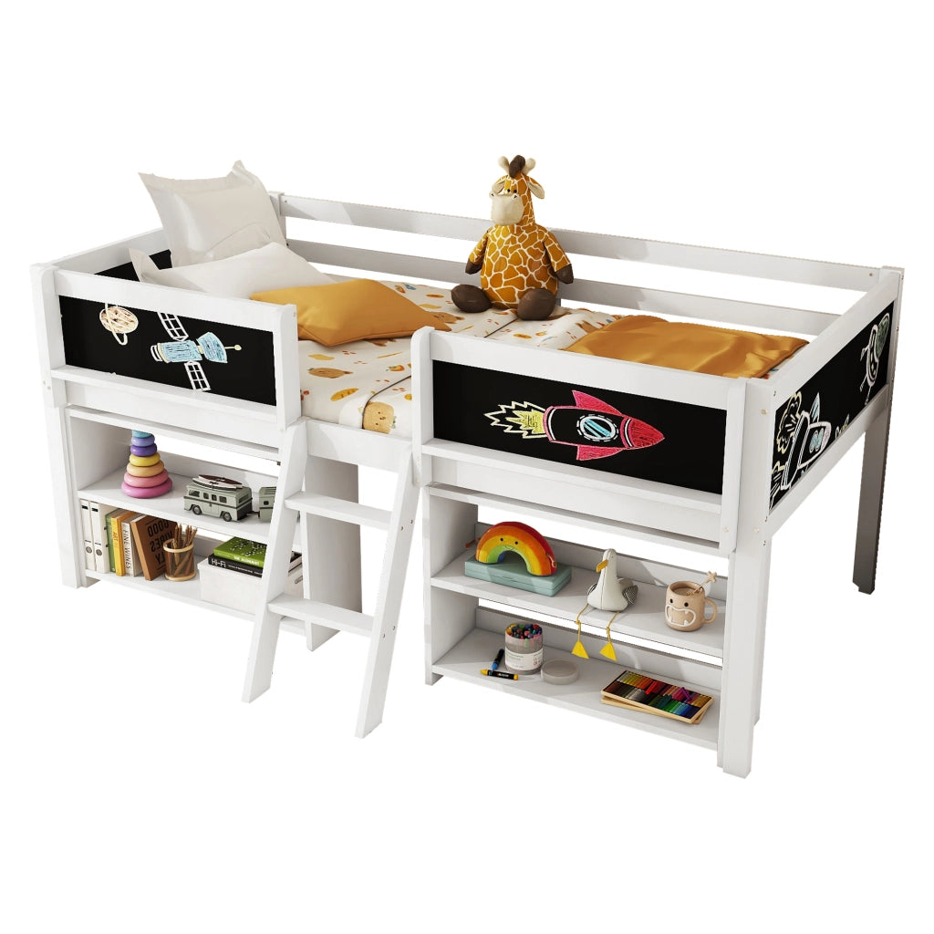 Letto semialto 90x200 cm con ripiani; sponde di sicurezza e scaletta; bianco