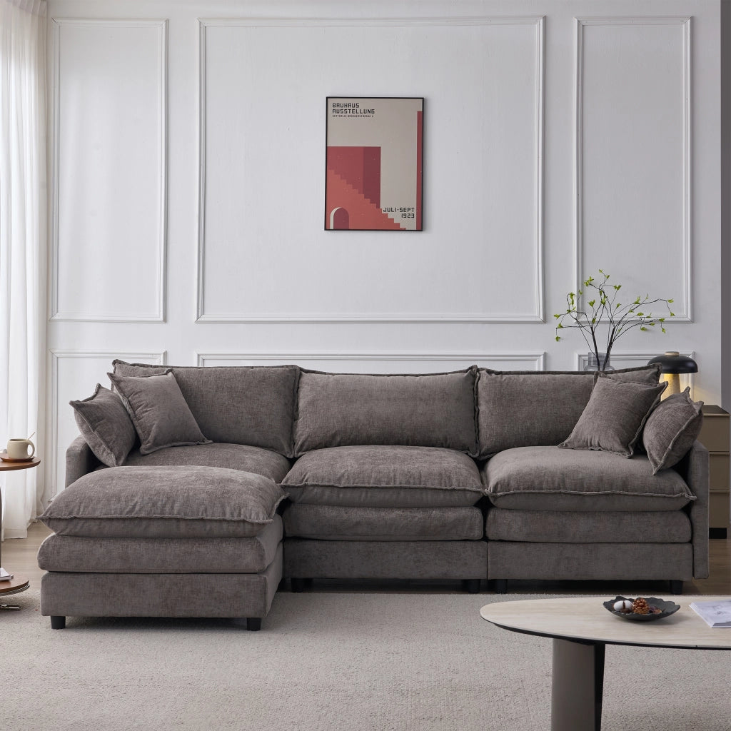 Divano Angolare Modulare 3 Posti con Pouf, Chenille Grigio