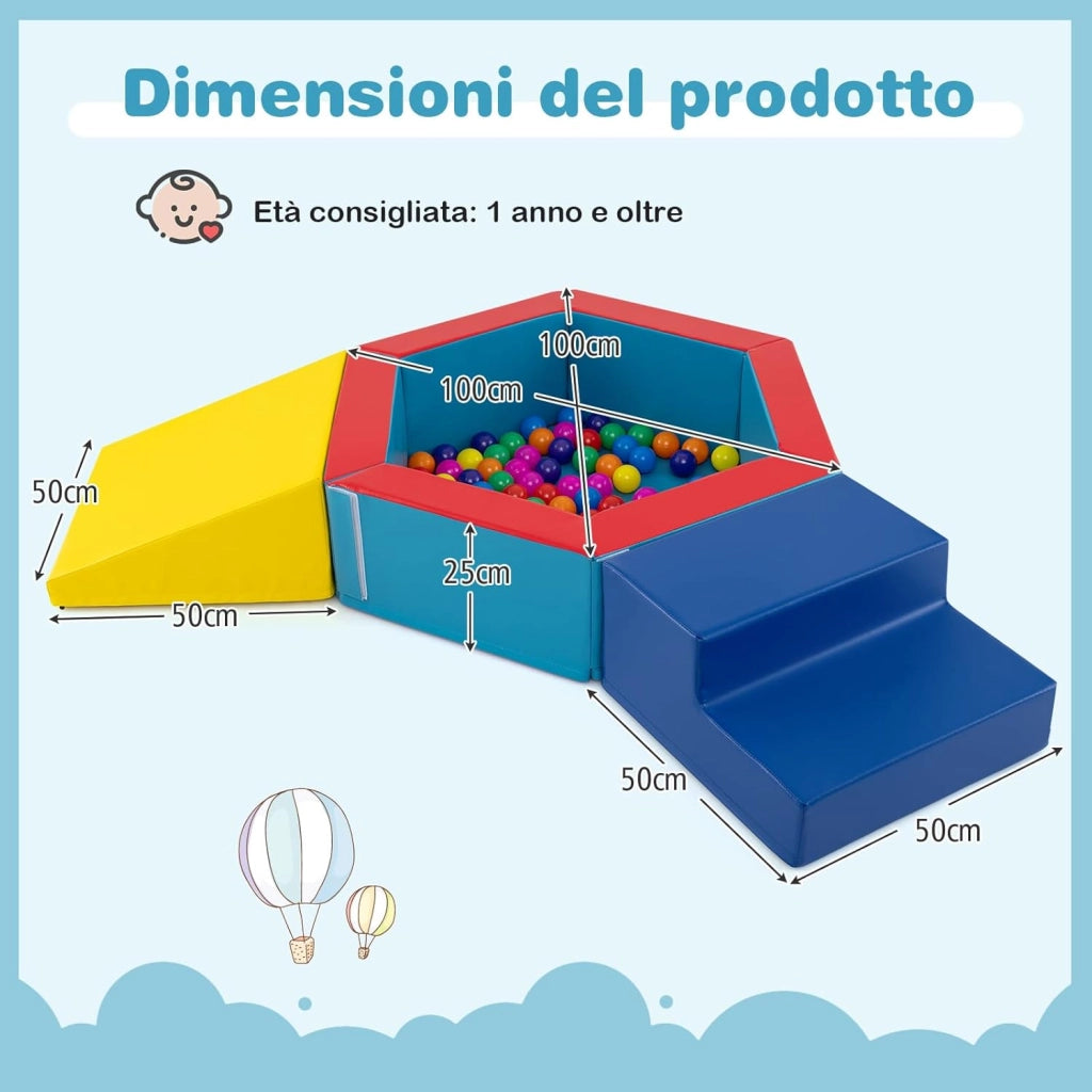 Set di 3 Blocchi da Arrampicata in Schiuma per Bambini, Set Gioco per Interni con Piscina di Palline, Triangolo, Scala e Palline Colorate per Bambini 1+ Anni