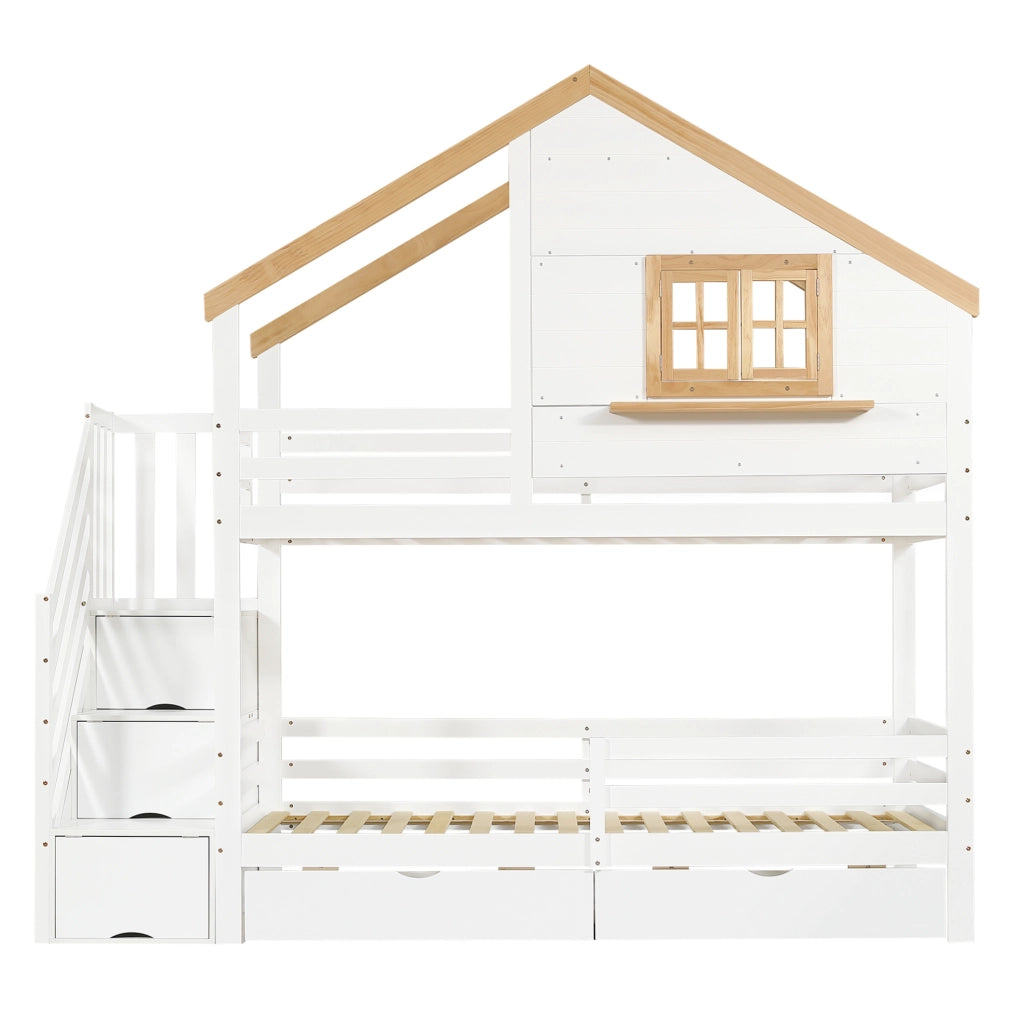 Letto a castello in legno 90x200 cm con scale contenitive e cassetti