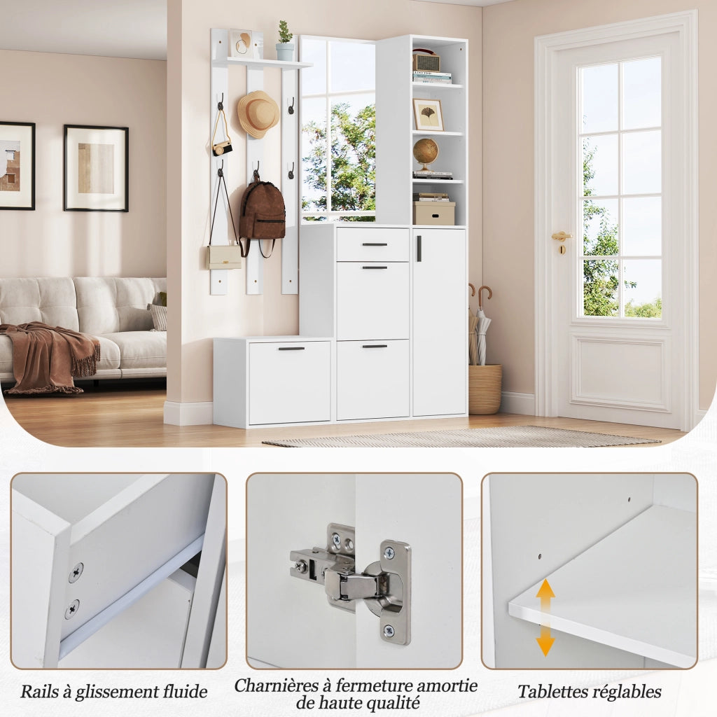 Mobile da ingresso con specchio e 6 ganci; 3 scarpiere ribaltabili; 1 cassetto; bianco; 120 × 30 × 178 cm