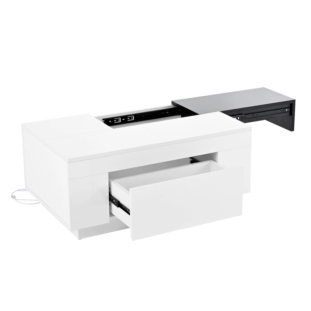 OKWISH Tavolino da Salotto Moderno con Piano Estensibile, Cassetto Nascosto Soft Close e LED Bluetooth, 80 x 50 x 35.5 cm