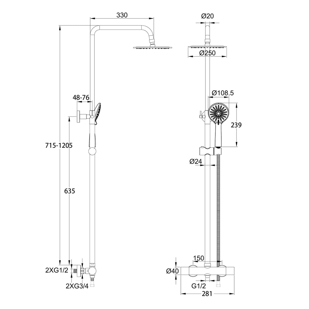 Kit doccia con miscelatore termostatico, soffione rotondo da 25cm, doccetta tonda 23x10.8cm, colonna doccia regolabile 72-120cm, cromo