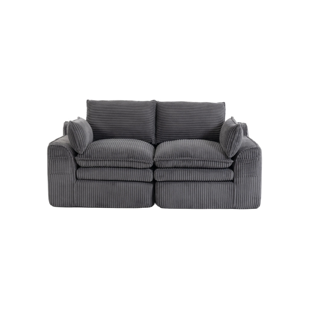 Divano 2 posti in corduroy grigio scuro con cuscini e tasche laterali, 191x94x85 cm