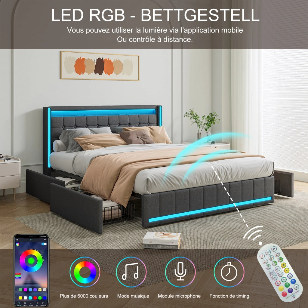 Letto matrimoniale 140 x 200 cm con 4 cassetti; LED e porte USB; grigio scuro