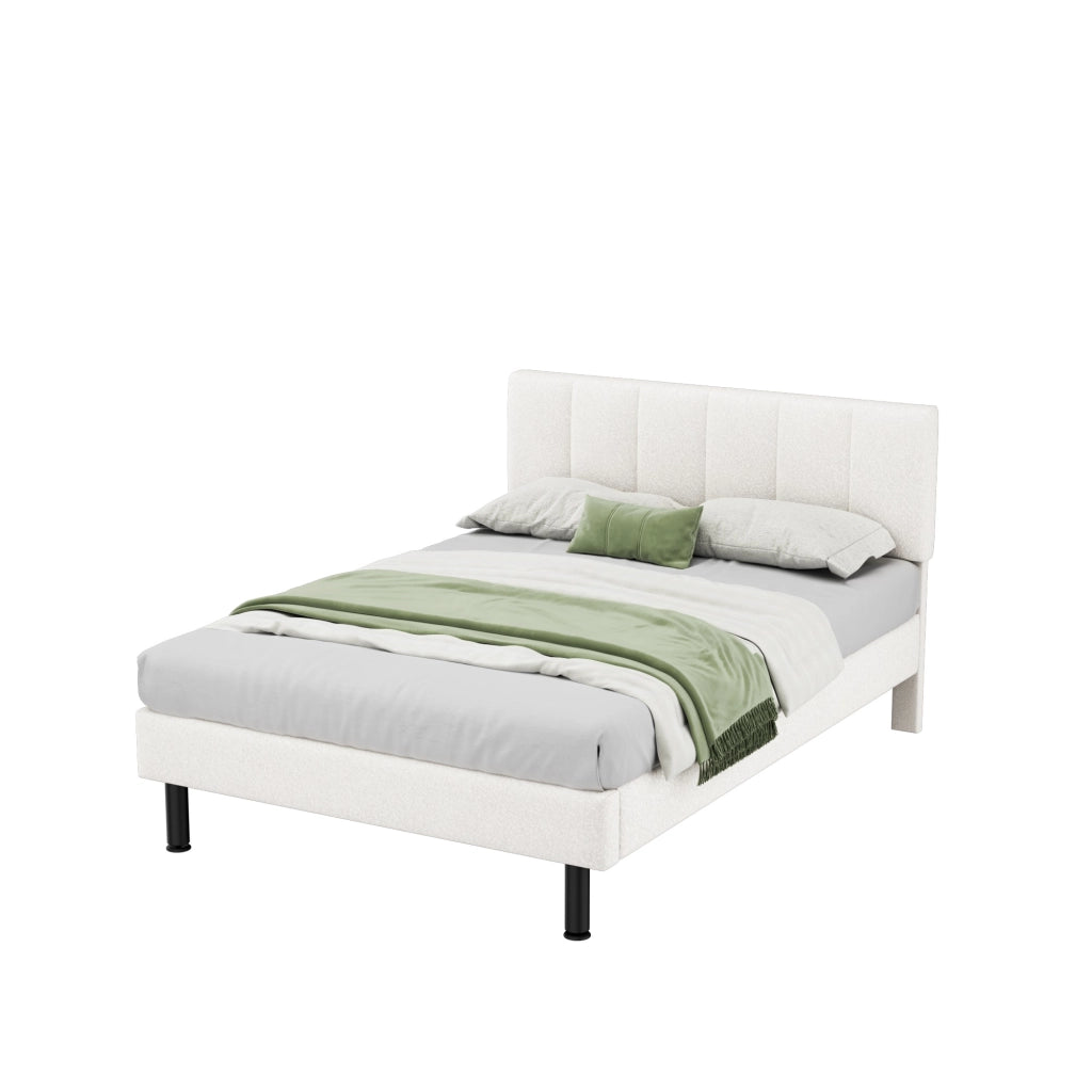 Letto imbottito 140x190 cm in Sherpa beige con rete a doghe e piedi in ferro