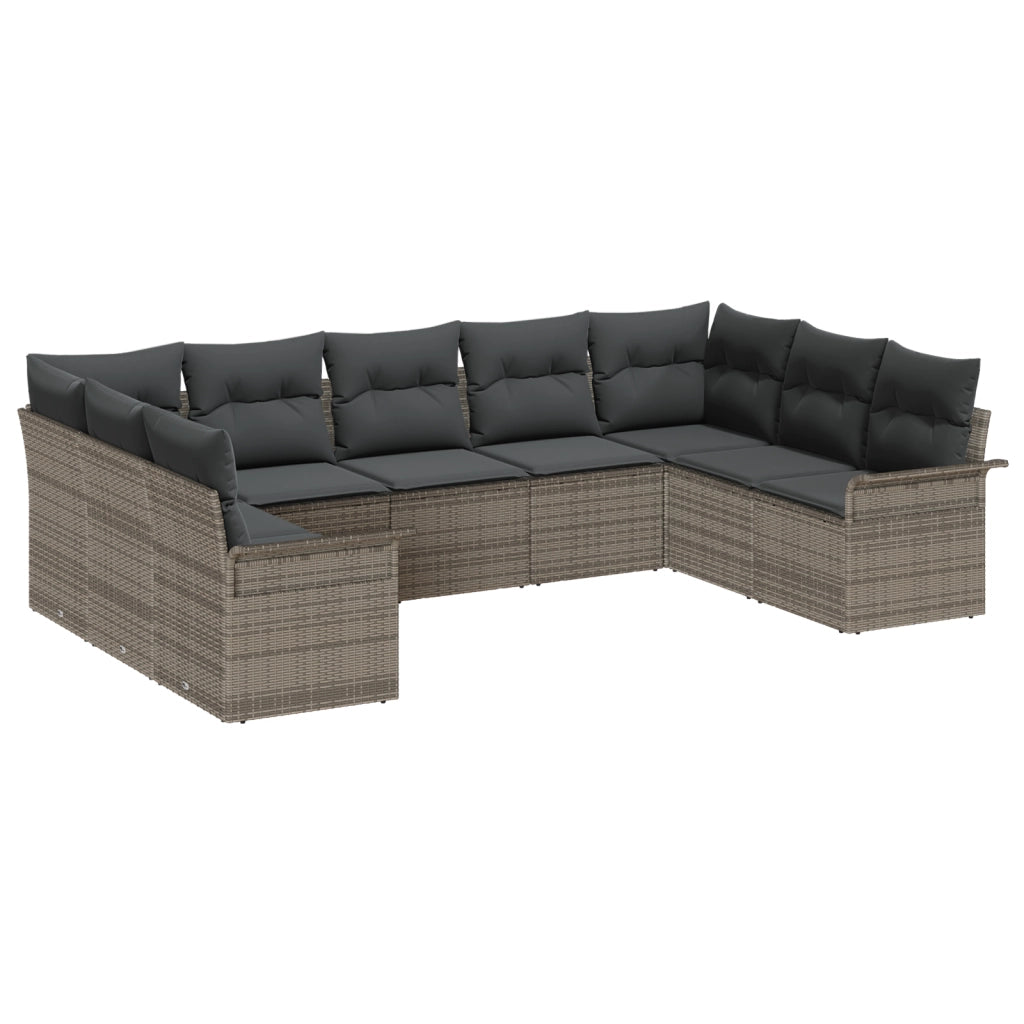 Set divano da giardino a 9 pezzi con cuscini in polyrattan grigio