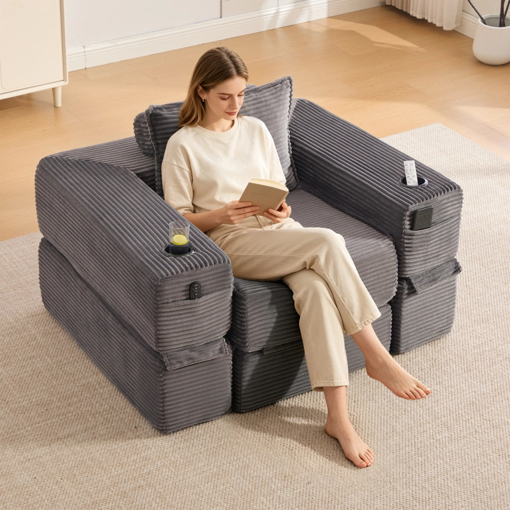 Divano Letto Pieghevole ¨C MINIMAL ¨C Tessuto a Coste, Cuscini, Portabicchieri