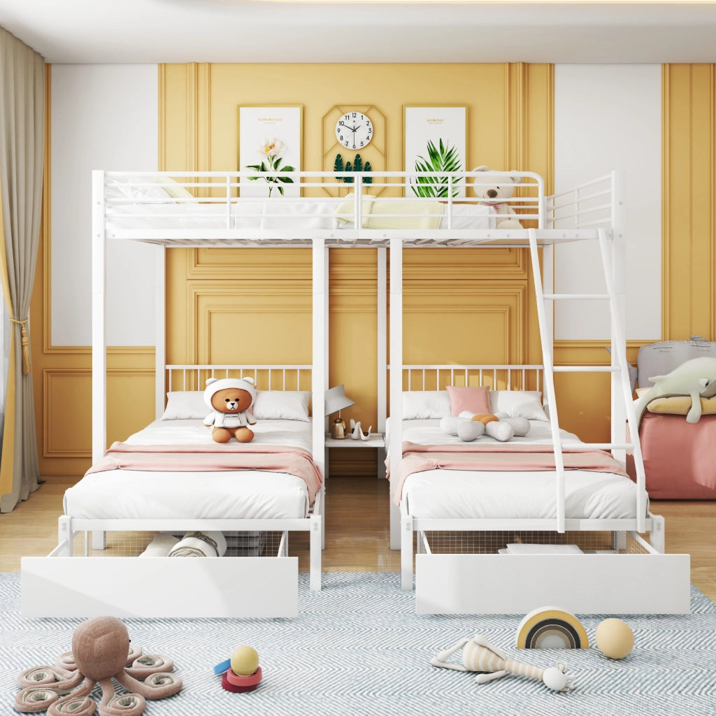OKWISH Letto a Castello 140×200 cm e 90×200 cm, Letto 3 Posti con 2 Cassetti, Convertibile e Sponde, senza Materasso, Bianco