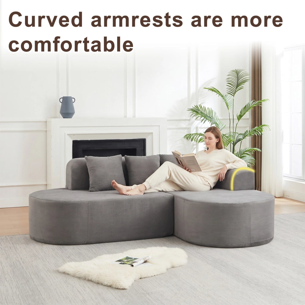 Divano ad angolo modulare in velluto a coste con schienale curvo e braccioli curvi grigio 220 × 155 × 70 cm