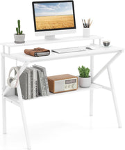 Scrivania per computer con supporto per monitor, mensola portaoggetti e gancio laterale, 100 x 48 x 81,5 cm, tavolo da lavoro moderno per ufficio, camera da letto