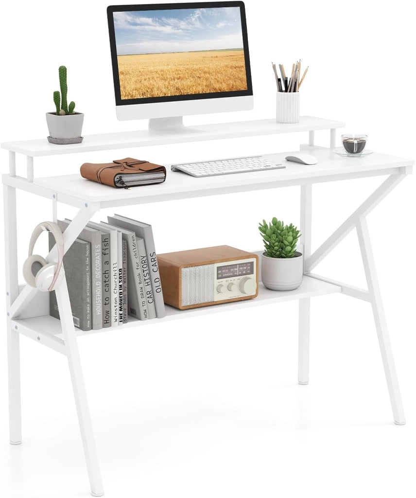 Scrivania per computer con supporto per monitor, mensola portaoggetti e gancio laterale, 100 x 48 x 81,5 cm, tavolo da lavoro moderno per ufficio, camera da letto