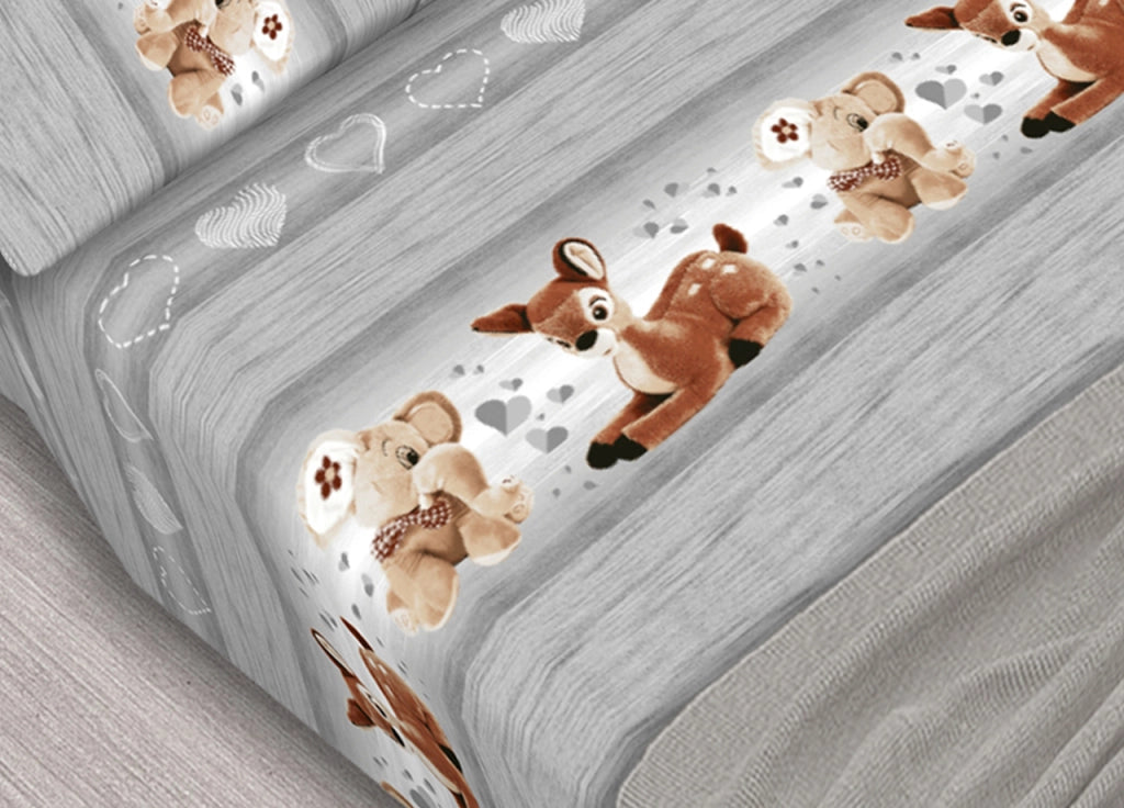 Completo Lenzuola In 100% Cotone Dis. Peluches Colore Grigio C.N. - Matrimoniale - Grigio