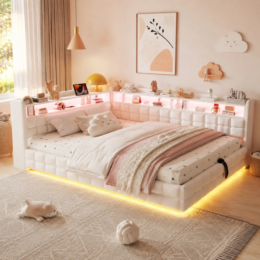 Letto imbottito trasformabile 140x200 cm in velluto beige con contenitore; LED e prese