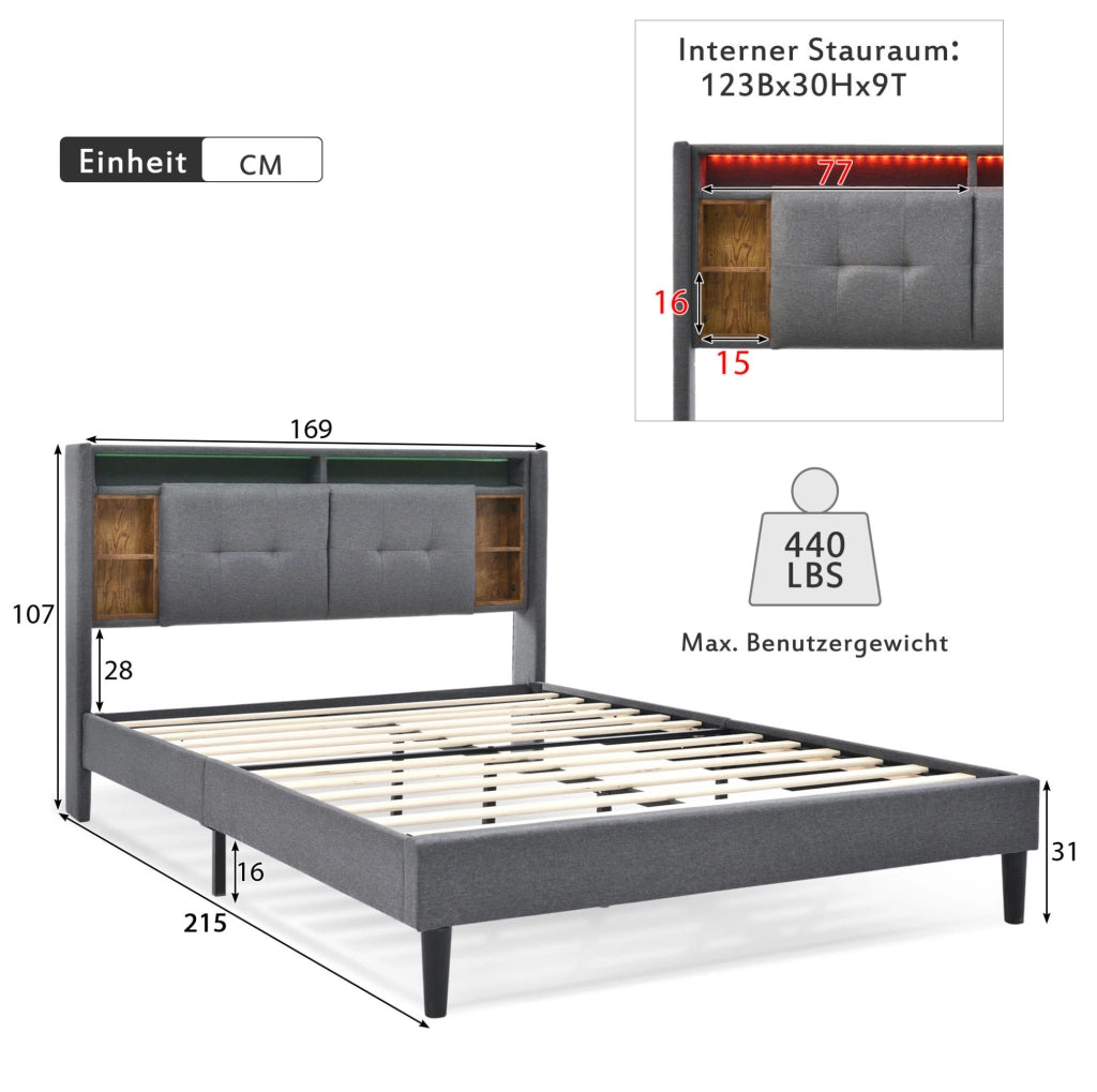 Letto matrimoniale 160x200 con testiera contenitore LED USB