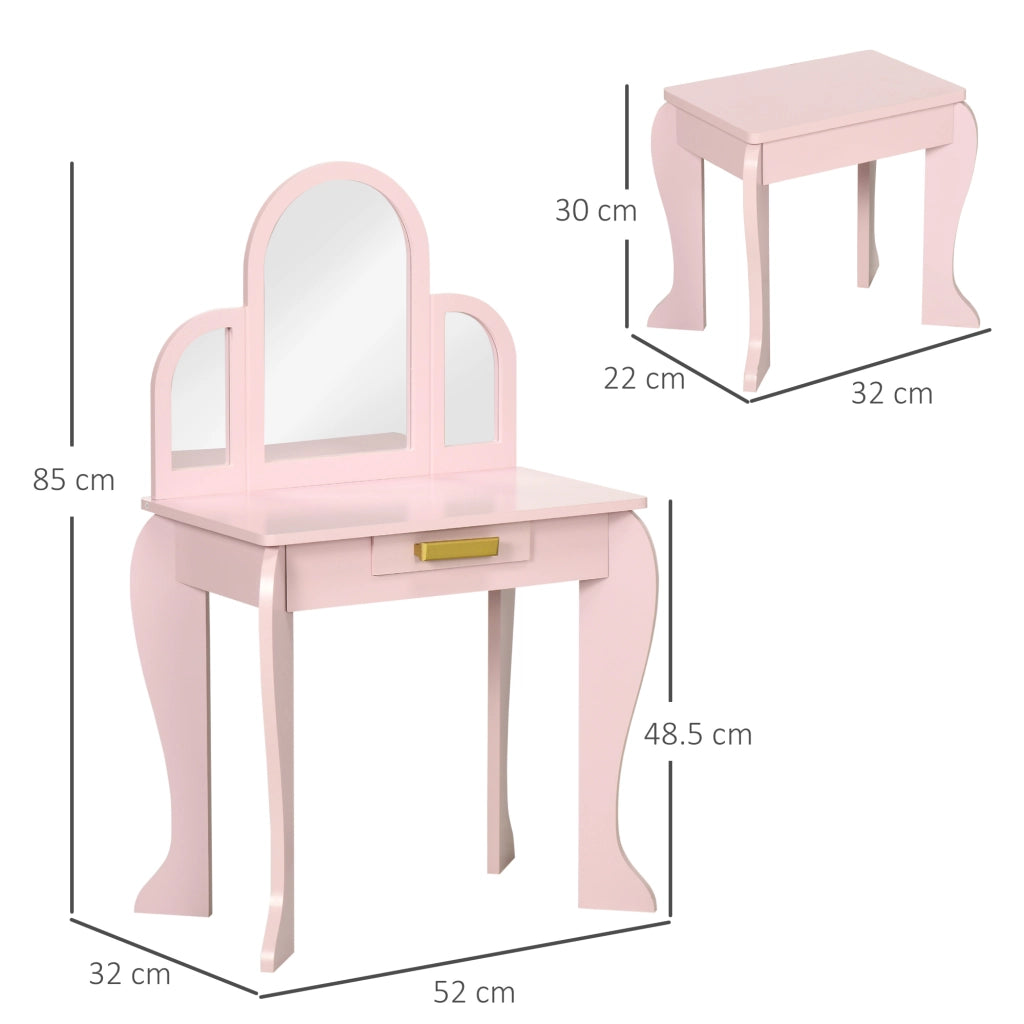 EasyComfort Tavolo per Trucco per Bambine 3-6 Anni con Sgabello, Cassetti e Specchio Coordinato in Acrilico, Rosa