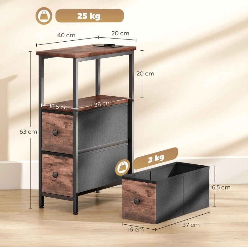 Tavolino laterale 20x40x63 cm con presa AC, USB e USB-C, 2 cassetti, marrone rustico