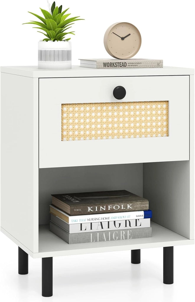 Comodino Camera da Letto con Ampio Cassetto e Scomparto Aperto, Comodino Moderno con Gamba in Metallo e 2 Dispositivi Antiribaltamento per Soggiorno e Ufficio, 40 x 30 x 52 cm (1)