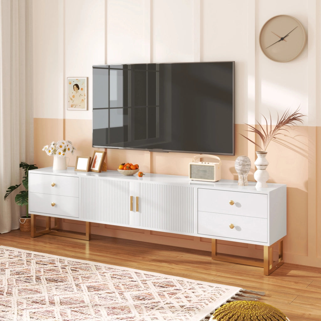 Mobile TV 175 cm con 4 cassetti; 2 ante; MDF; bianco; dettagli oro