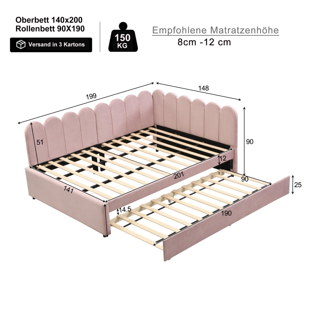 DESMIU Letto estraibile 140 × 200 cm 2 posti con secondo letto e schienale floreale, senza materasso, rosa