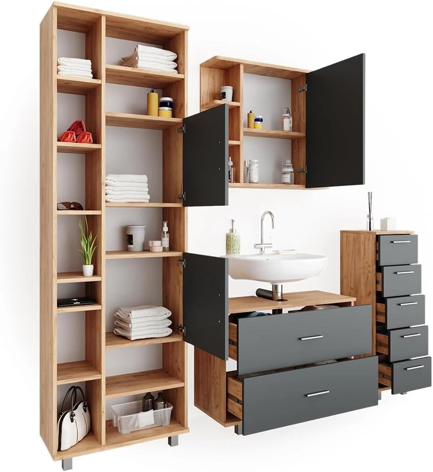 Set mobili bagno Ilias, Antracite/quercia dorata, 80.2 cm, composto da mobile lavabo, pensile a specchio, colonna e base media
