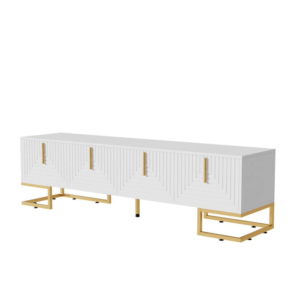 Mobile TV elegante 170 cm bianco con 4 ante, ripiani interni, maniglie e piedi dorati