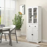 Credenza da Cucina Alta con 2 Armadietti e Cassetto, Ante a Vetri e Ripiani Regolabili, 60x30x160cm, Bianco