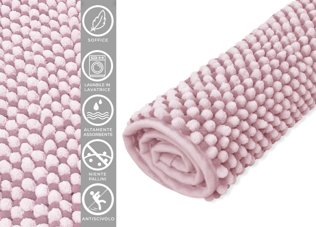 Tappeto Bagno Doccia Antiscivolo In Ciniglia Super Assorbente Modello Dots - 60x120 - Rosa