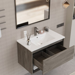 Mobile Bagno Sospeso 80 cm Lavabo e Specchio Milano Rovere