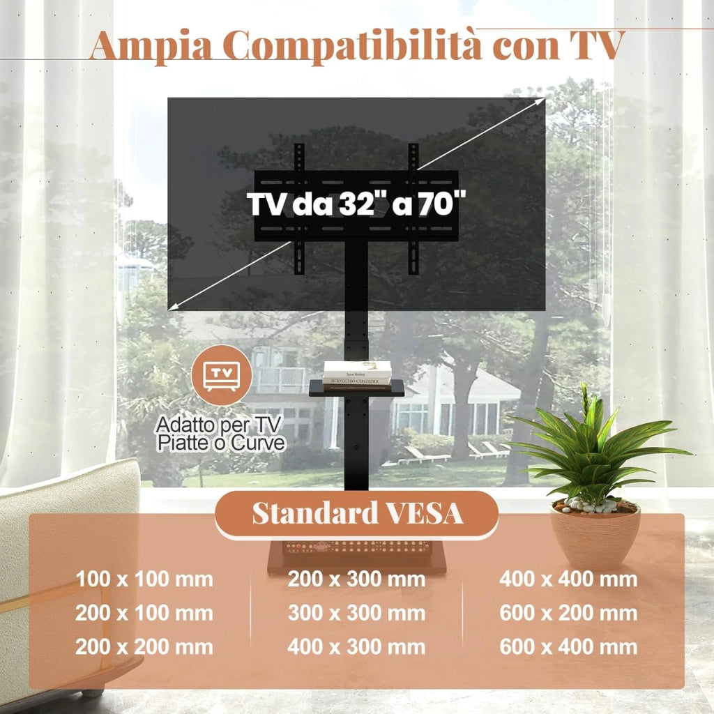 Supporto TV da Pavimento da 32-70 Pollici, Piedistallo TV Regolabile in Altezza e Inclinazione con Presa di Corrente e Ripiano AV, Portata 50 kg, Porta TV per Soggiorno