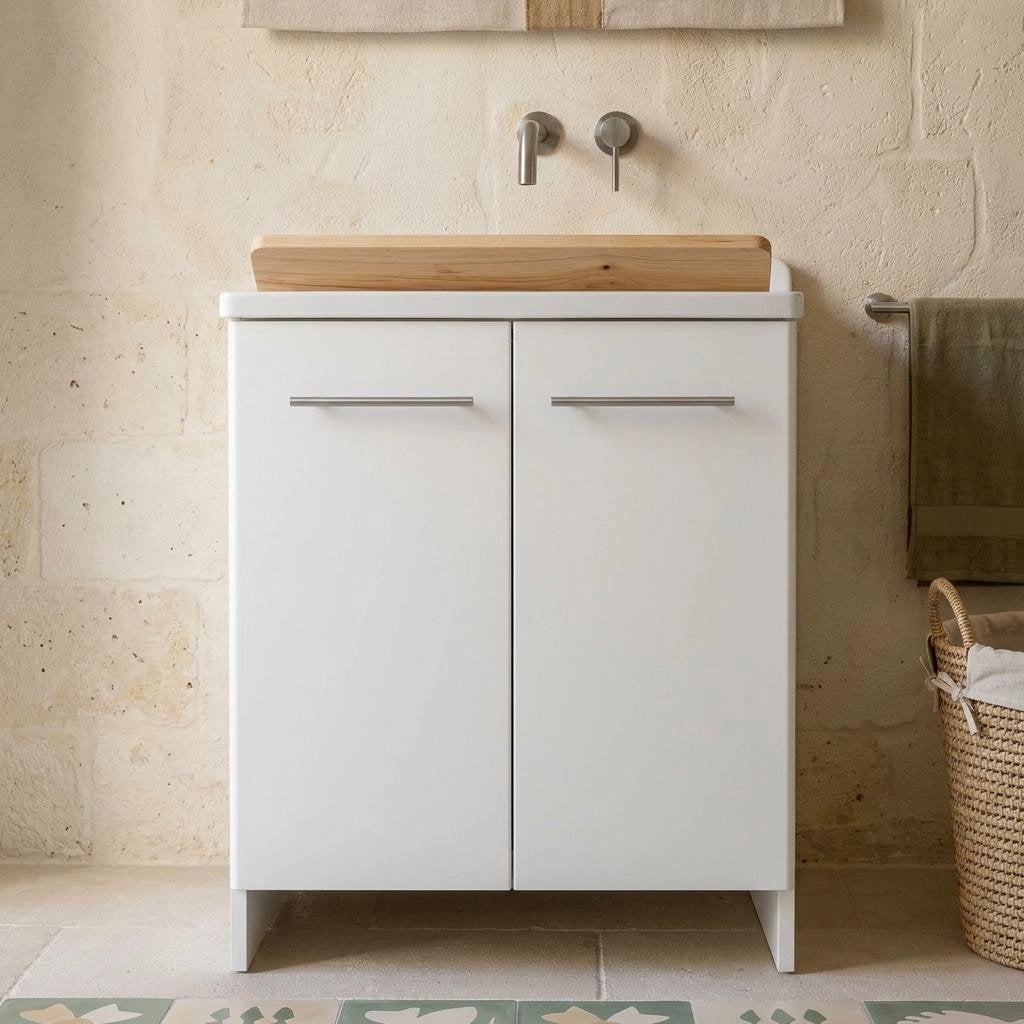 Lavatoio 60X60 2 ante con mobile in nobilitato idrofugo W100 e cesto estraibile - Bianco