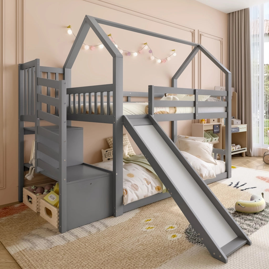 OKWISH Letto a Castello 90×200 cm, Letto Singolo con Scala con Vani, Scivolo e Spondine, senza Materasso, Grigio