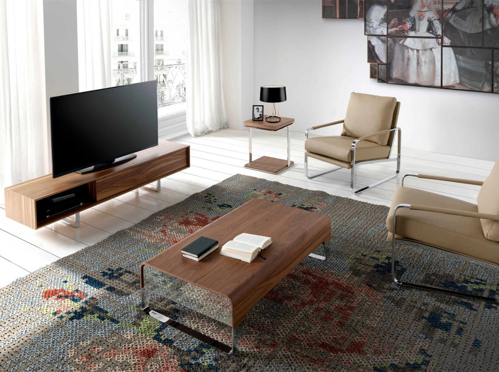 Tavolino rettangolare in noce e acciaio cromato