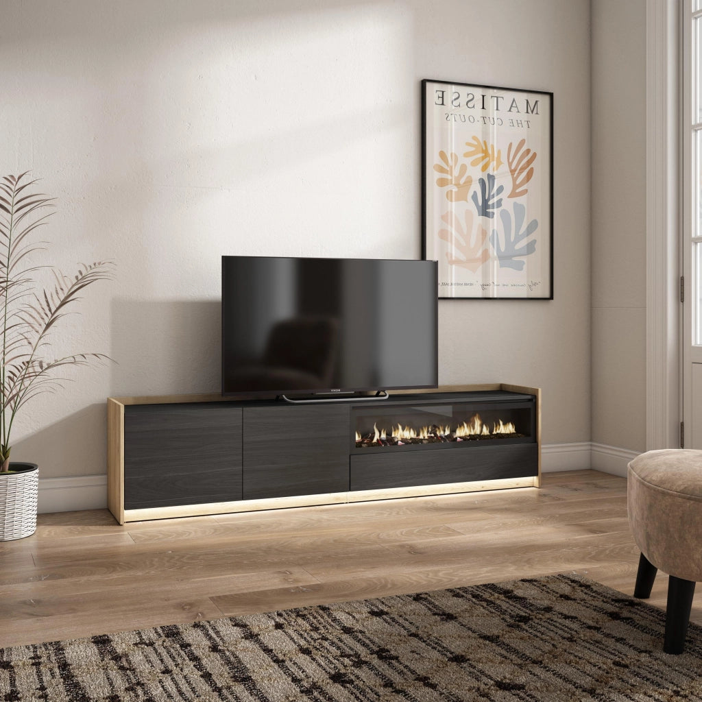Mobile TV Soggiorno, 207x50x37 cm, Per TV fino a 80", Camino elettrico, LED, Nero e rovere
