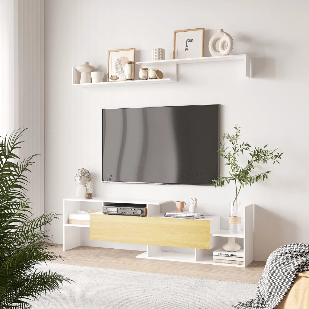 Mobile TV in Legno con Ripiani Aperti e Armadietto ¨C Zephmum ¨C Bianco e Legno Naturale