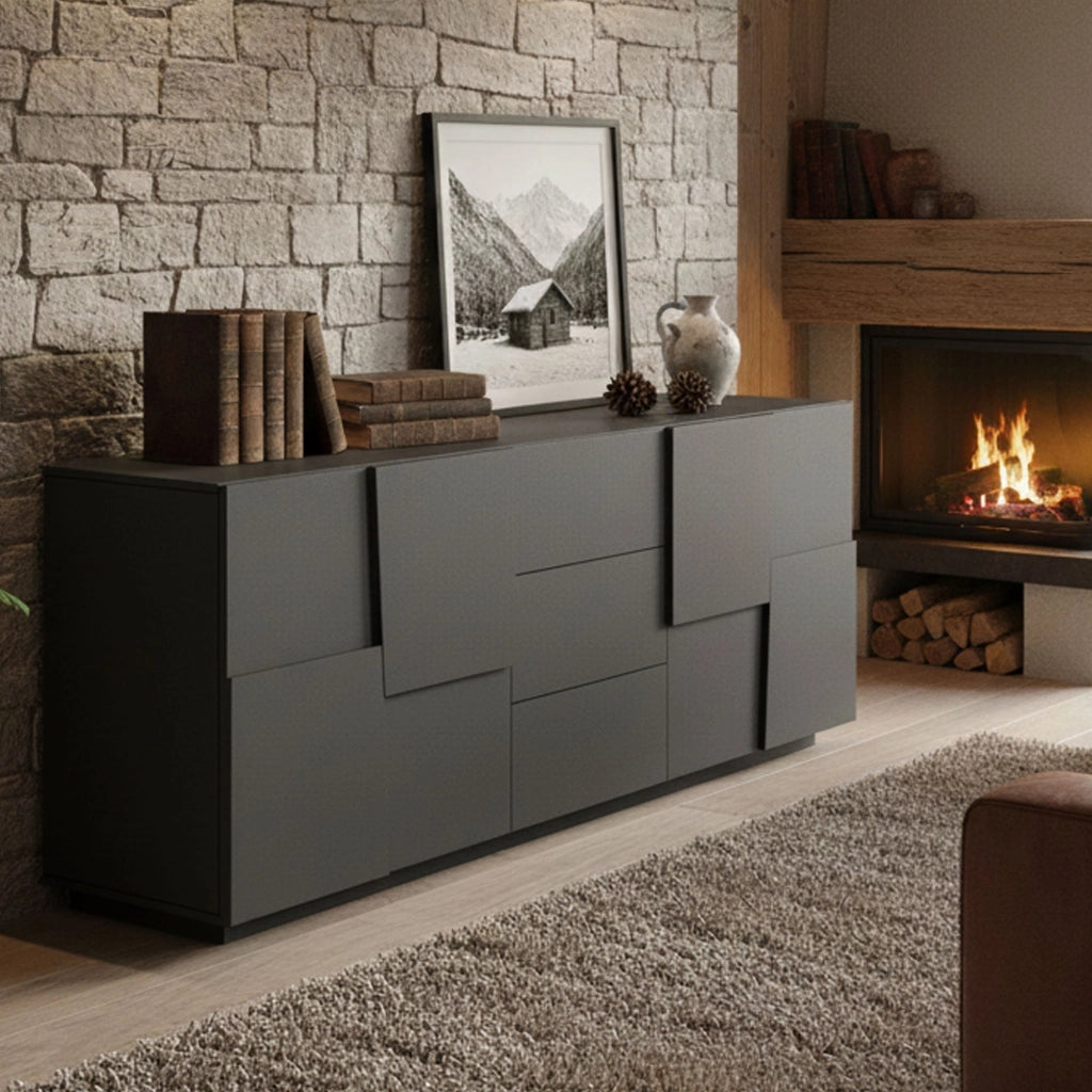 Credenza Astel, Buffet da soggiorno, Madia da salotto con 4 ante e 3 cassetti, 220x44h86 cm, Antracite