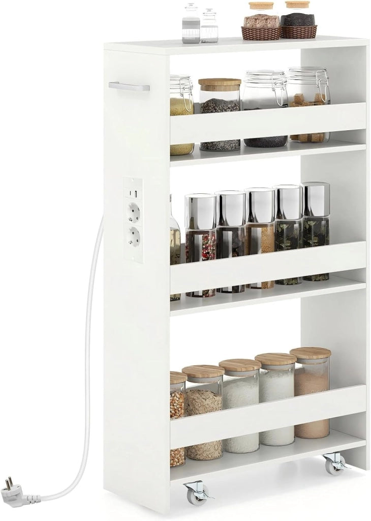 Carrello Portaoggetti a 4 Ripiani con Ruote Rirevoli a 360°, Carrellino Scorrevole con Maniglia Slim, da Bagno, Cucina, Lavanderia, 47,5 x 20 x 80,5 cm (Nero e Naturale, Con Presa)