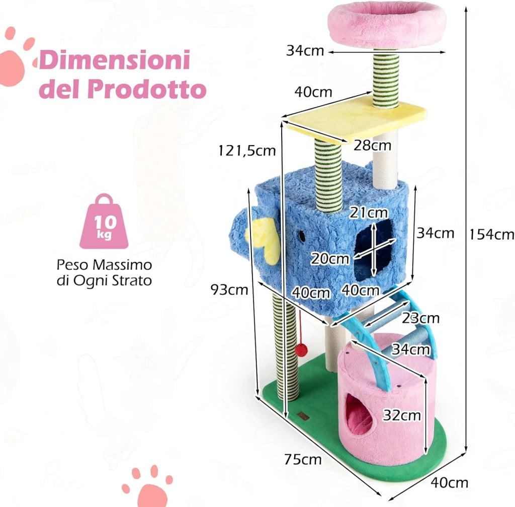 Albero per Gatti a Tema Elefante, Albero Tiragraffi per Gatti con Condomini, Ripiano Imbottito, Pali da Graffiare, Giocattolo in Peluche, Piattaforme e Cuscino Rimovibile, Cat Tree per Interno