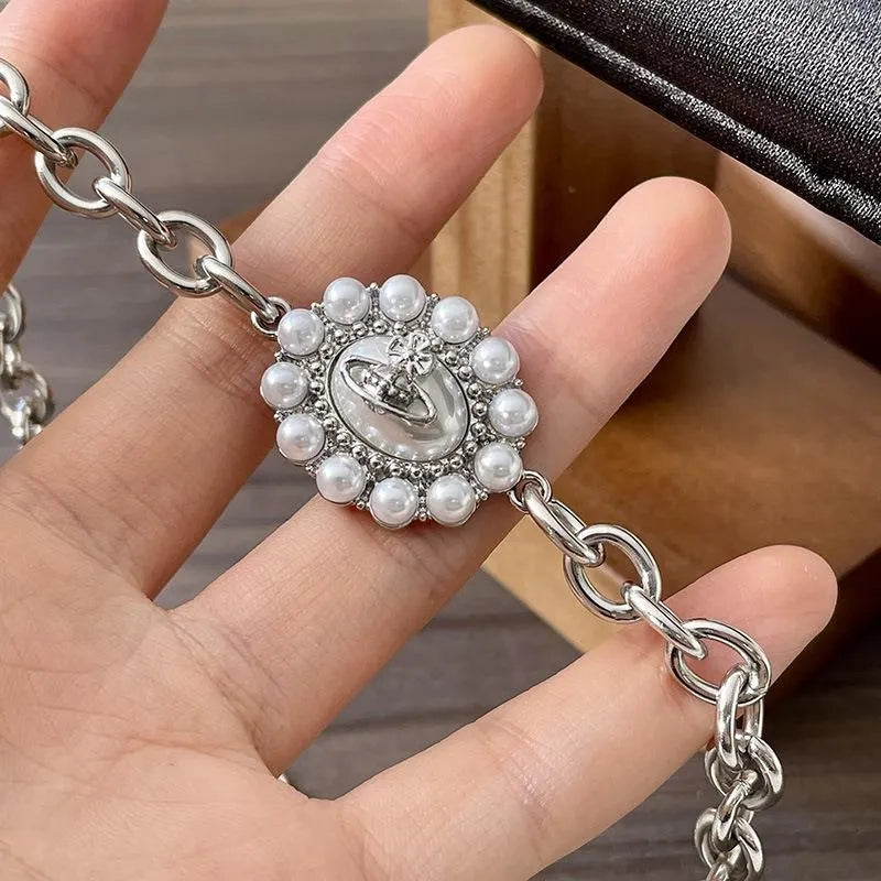 Collana vintage con perle rotonde e pianeti, regalo di Natale o compleanno.
