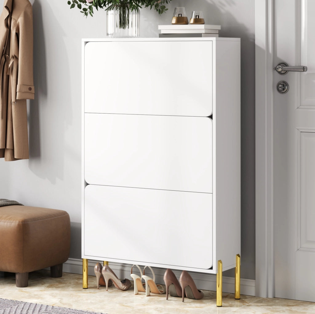 Scarpiera 73x24x120 cm a 3 ante salvaspazio con gambe dorate in MDF bianco