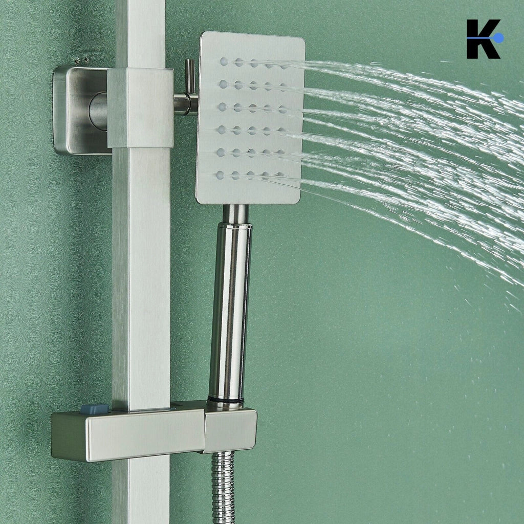 LANA | Set pioggia Premium in acciaio inox spazzolato argento | Miscelatore doccia di design | Miscelatore doccia completo di doccetta