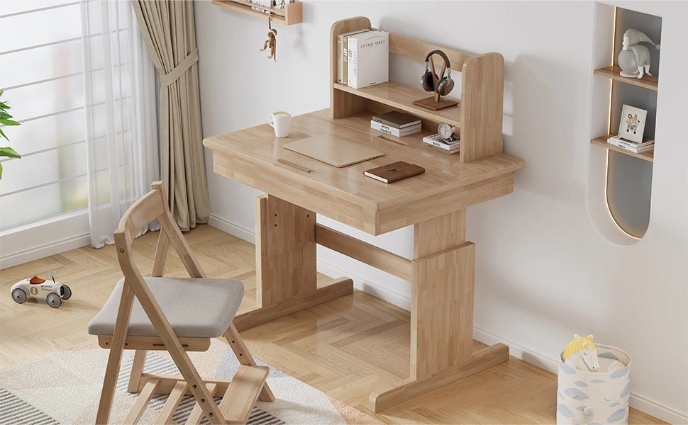 Scrivania lineare regolabile in altezza con piano inclinabile e leggio, per bambini, in legno massello naturale