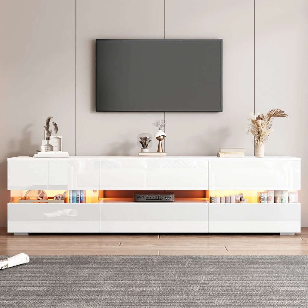 Mobile TV moderno bianco lucido 160x39x45 cm con LED, 2 ante, 1 cassetto, vano aperto, per TV fino a 70 pollici