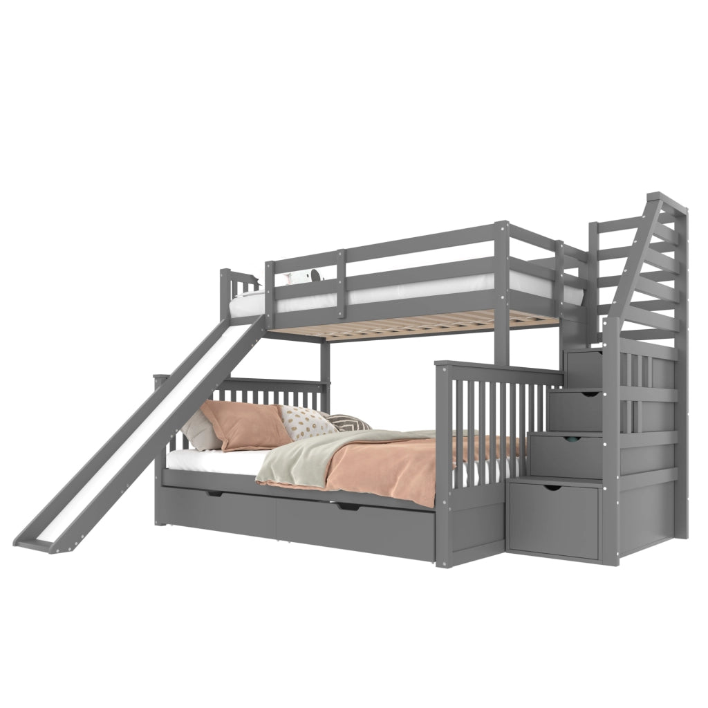 Letto a castello 90x200/140x200 con scivolo, cassetti e scala grigio