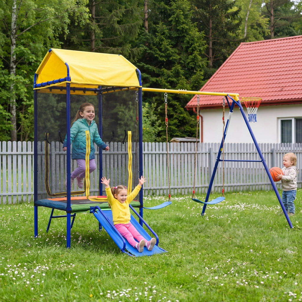 Parco giochi da esterno 4 in 1 con trampolino; doppia altalena; scivolo e canestro