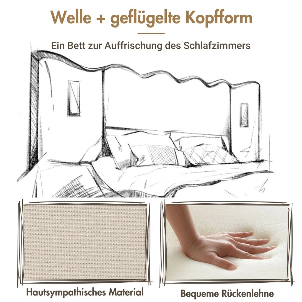 Letto Contenitore Matrimoniale Imbottito ¨C MINIMAL ¨C Beige, Tessuto Lino, 180x200, Rete Doghe Legno Massello, LED, USB