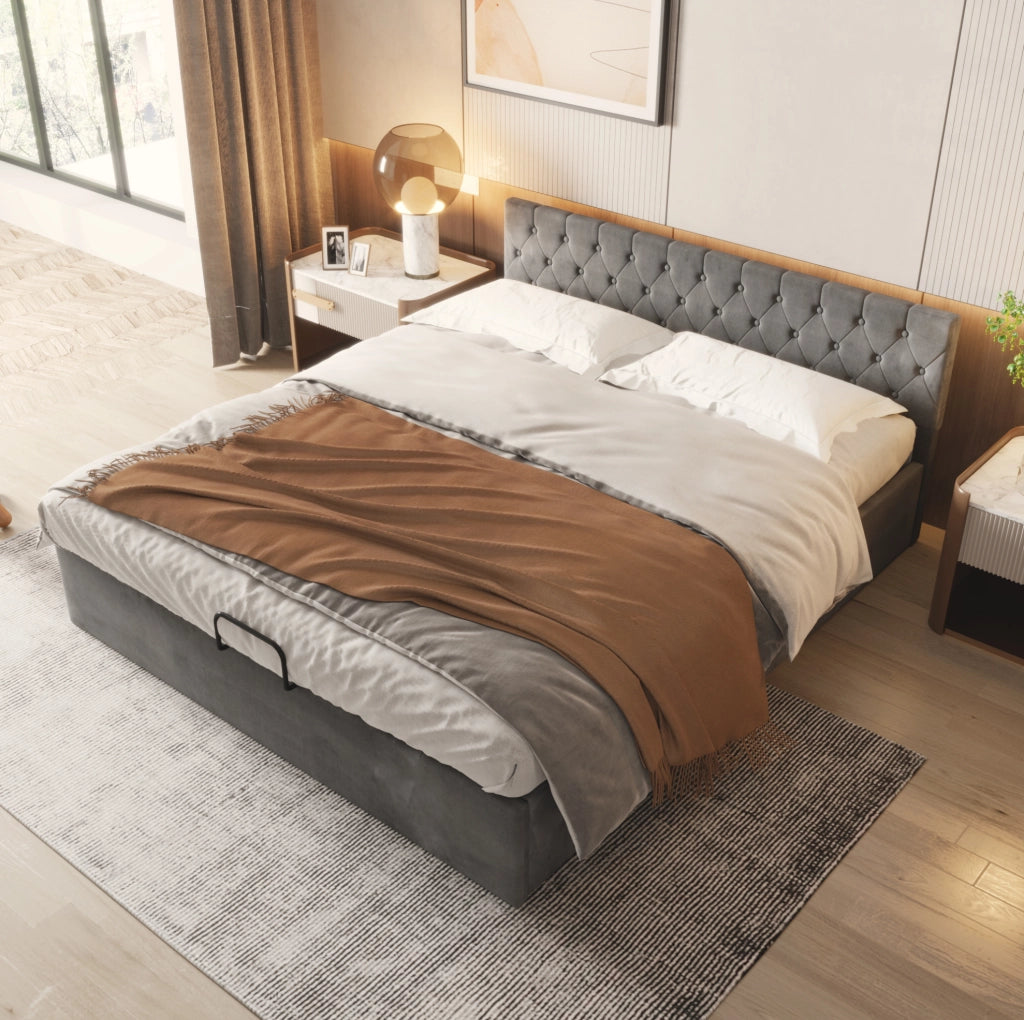 Letto matrimoniale imbottito 180x200 cm in velluto grigio con testiera capitonn茅 e contenitore
